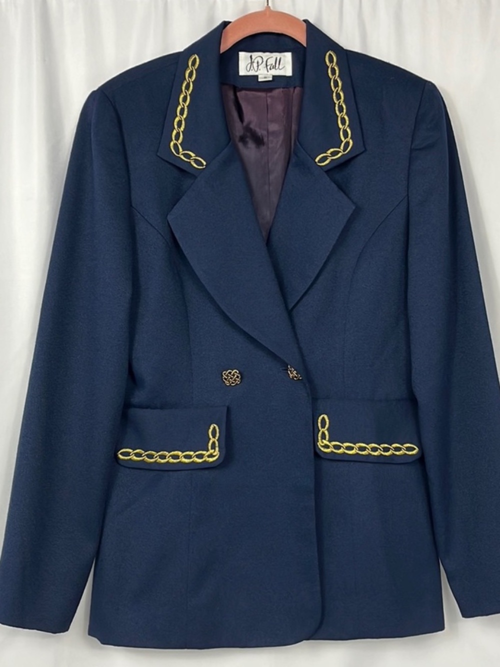 Navy Blue Vintage Nautical Embroidered Blazer with Gold Chain Print Trim Medium